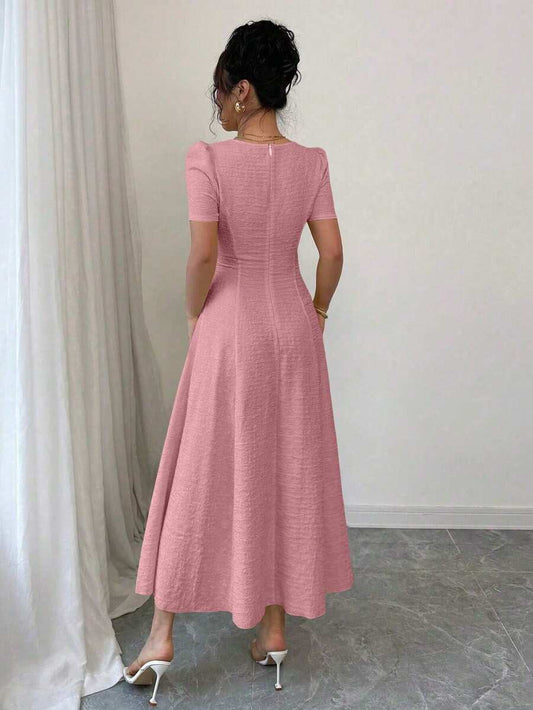 SHEIN Rafferiza فستان ماكسي وردي برقبة مربعة وخصر مربوط