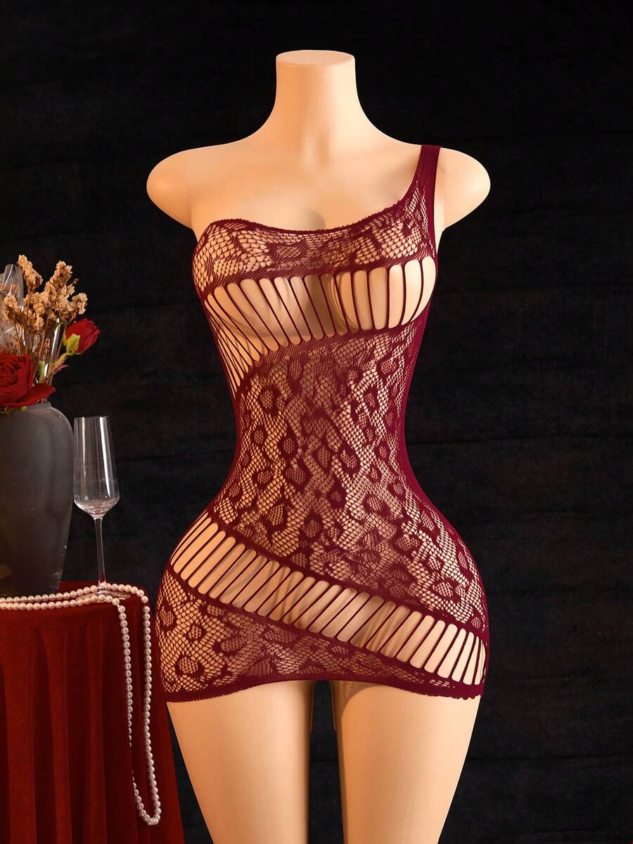 SHEIN ChaseTheNight ثوب نوم شفاف أحمر داكن كتف واحد بتطريز دانتيل
