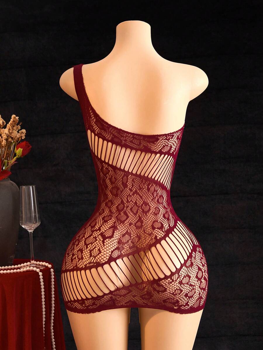 SHEIN ChaseTheNight ثوب نوم شفاف أحمر داكن كتف واحد بتطريز دانتيل