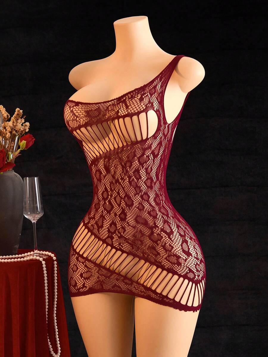 SHEIN ChaseTheNight ثوب نوم شفاف أحمر داكن كتف واحد بتطريز دانتيل