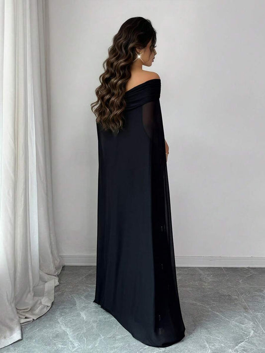 SHEIN Rafferiza فستان أسود محبوك ضيق الخصر بتصميم كيب وزخرفة لؤلؤ وطيات