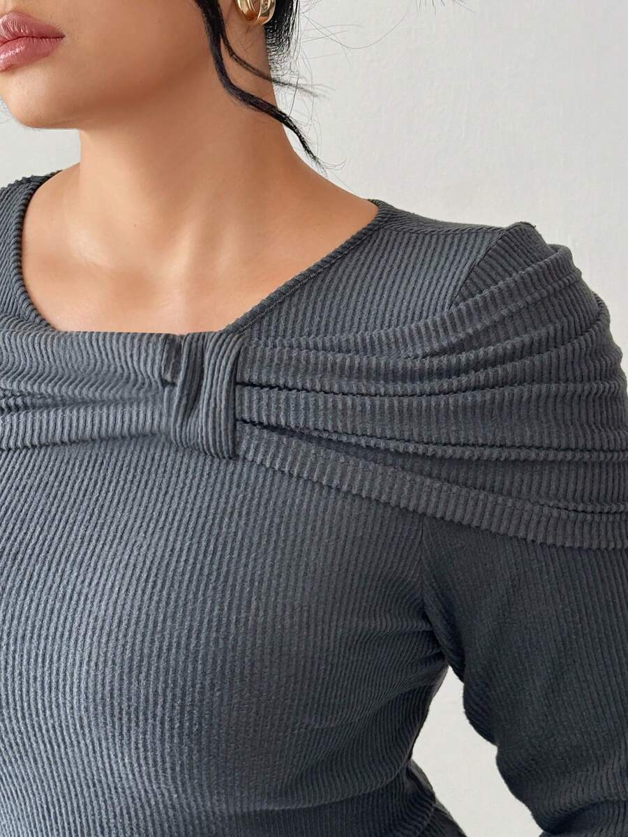 SHEIN Elenzga فستان رمادي طويل الأكمام مقلم للمقاسات الكبيرة
