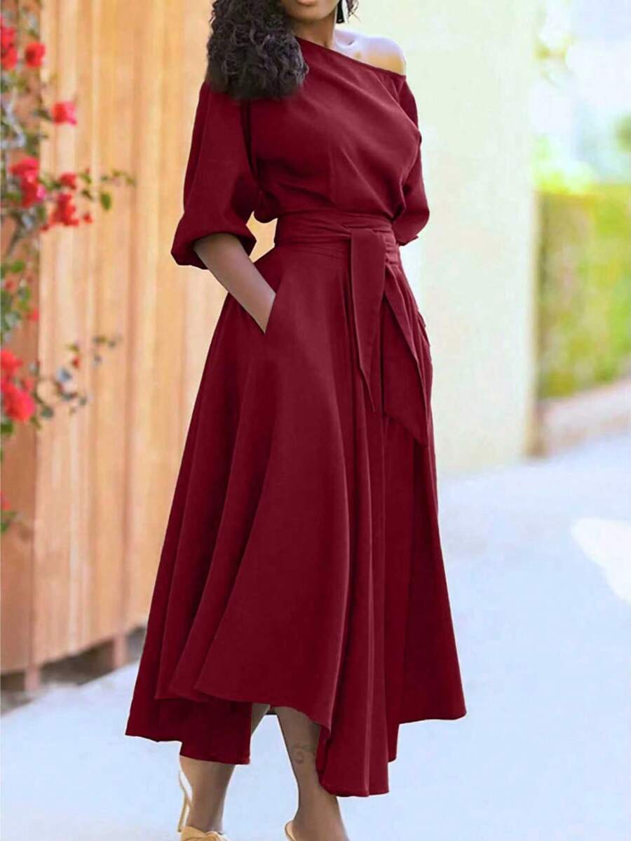 SHEIN فستان عنابي طويل بربطة خصر وكتف مكشوف وحافة غير متماثلة