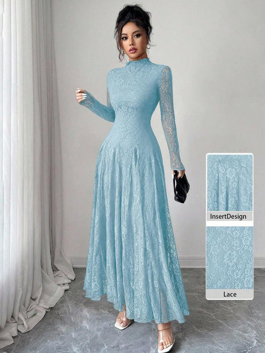 SHEIN Modelyn فستان أزرق بياقة عالية وخصر مشدود بالدانتيل