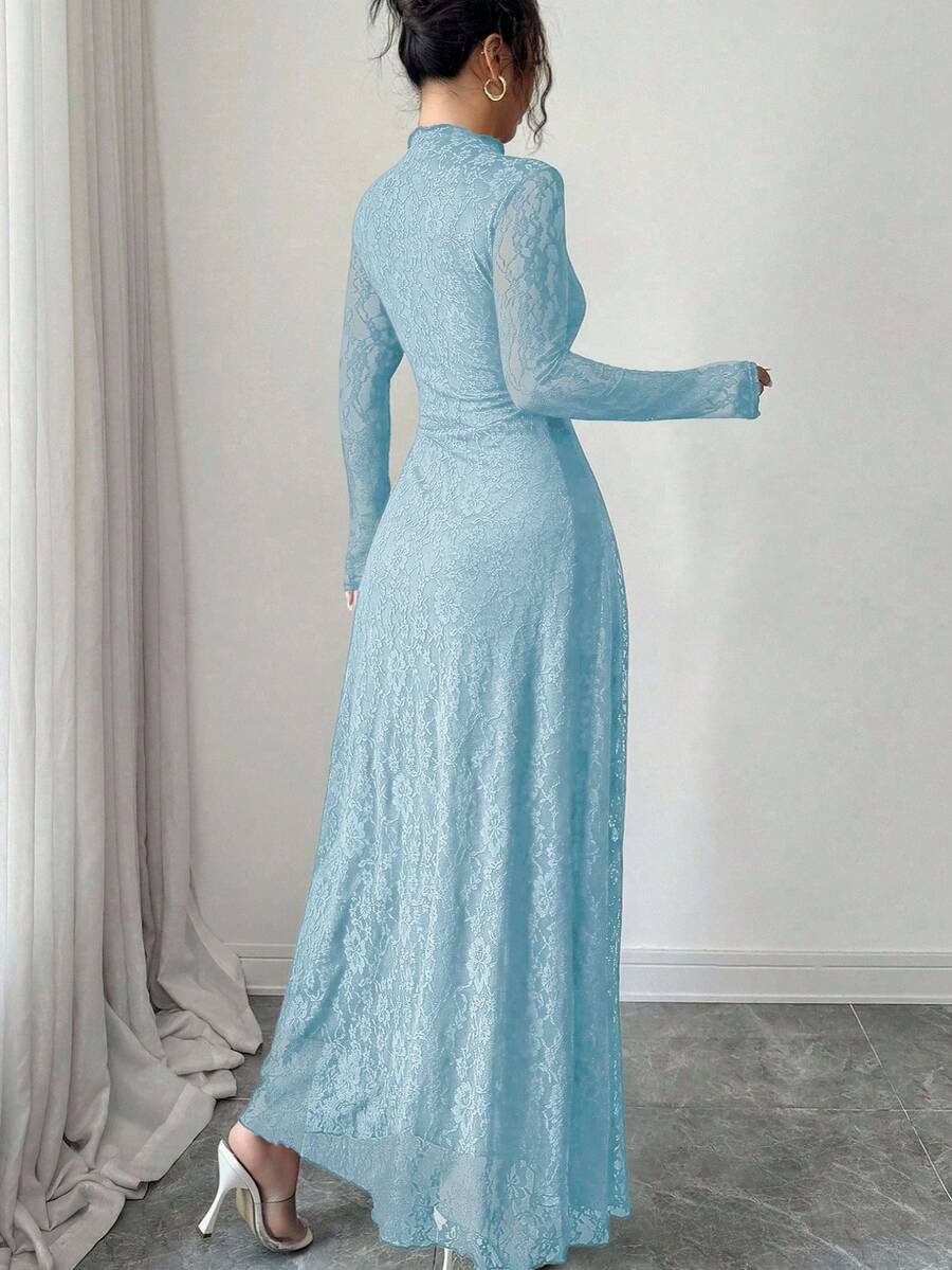 SHEIN Modelyn فستان أزرق بياقة عالية وخصر مشدود بالدانتيل