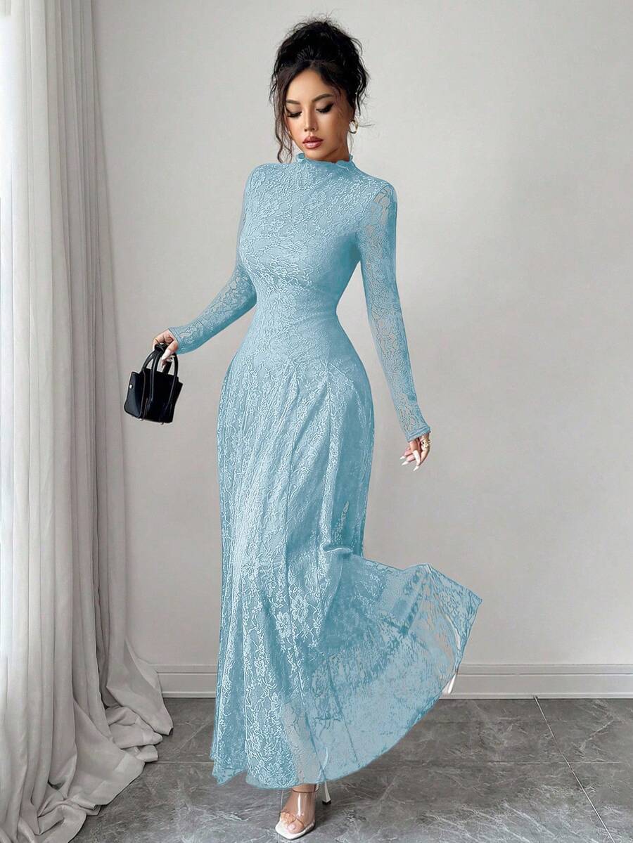 SHEIN Modelyn فستان أزرق بياقة عالية وخصر مشدود بالدانتيل