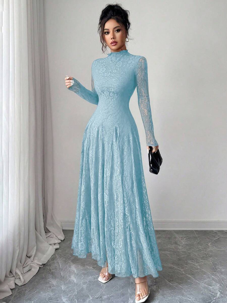 SHEIN Modelyn فستان أزرق بياقة عالية وخصر مشدود بالدانتيل