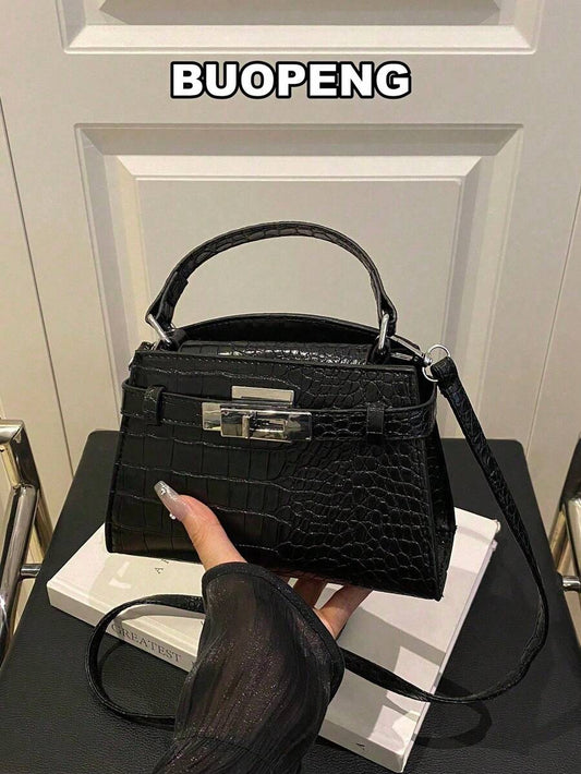SHEIN حقيبة كتف سوداء بنمط جلد التمساح بإبزيم معدني