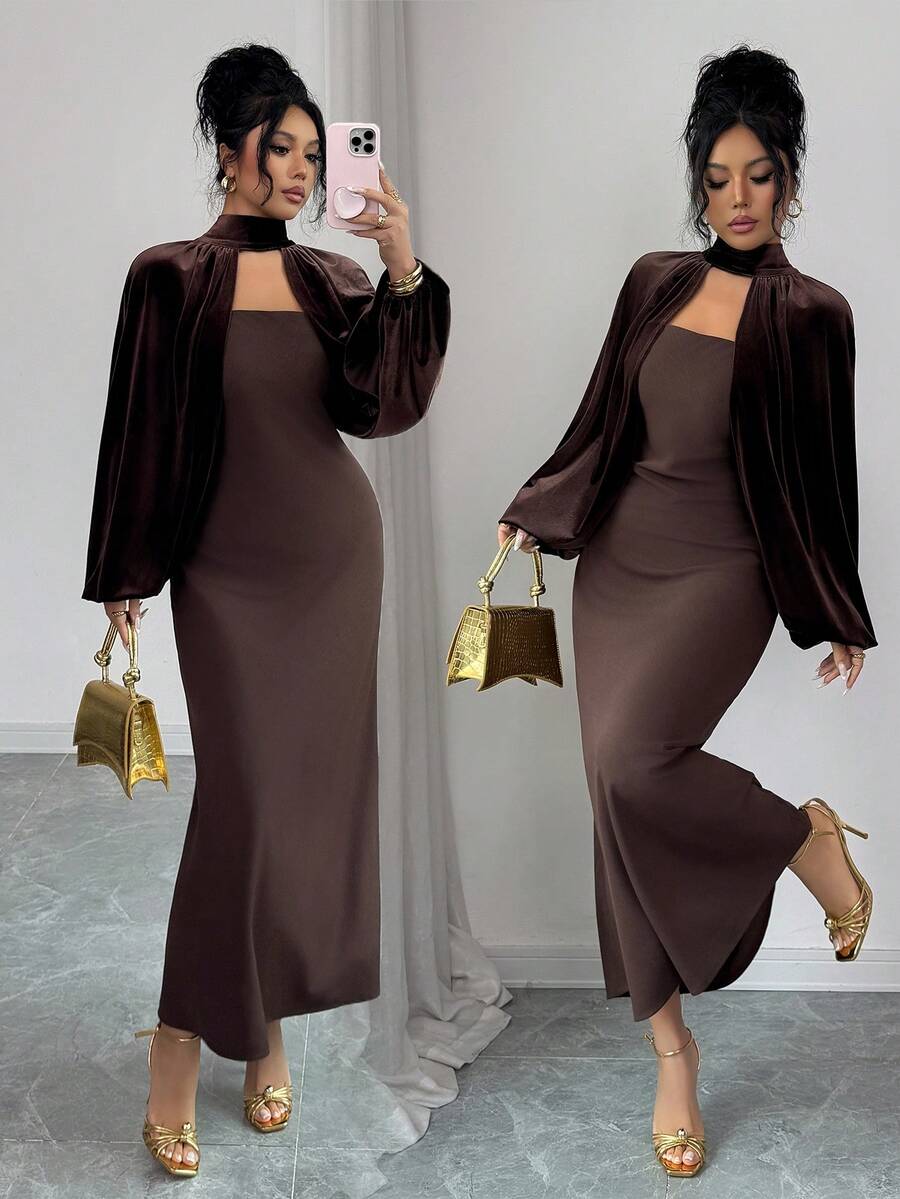 SHEIN Elenzya فستان مخملي بياقة عالية وظهر مفتوح وأكمام خفافيش