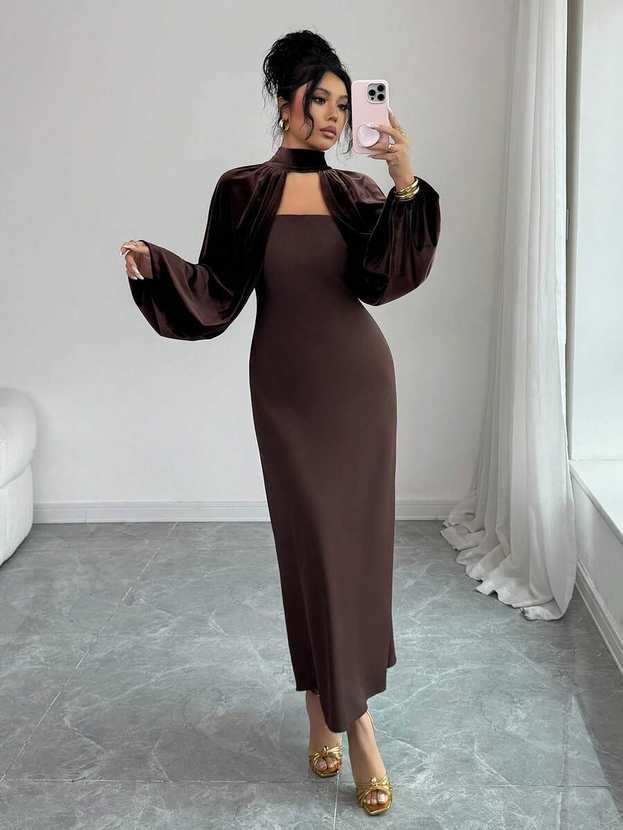 SHEIN Elenzya فستان مخملي بياقة عالية وظهر مفتوح وأكمام خفافيش