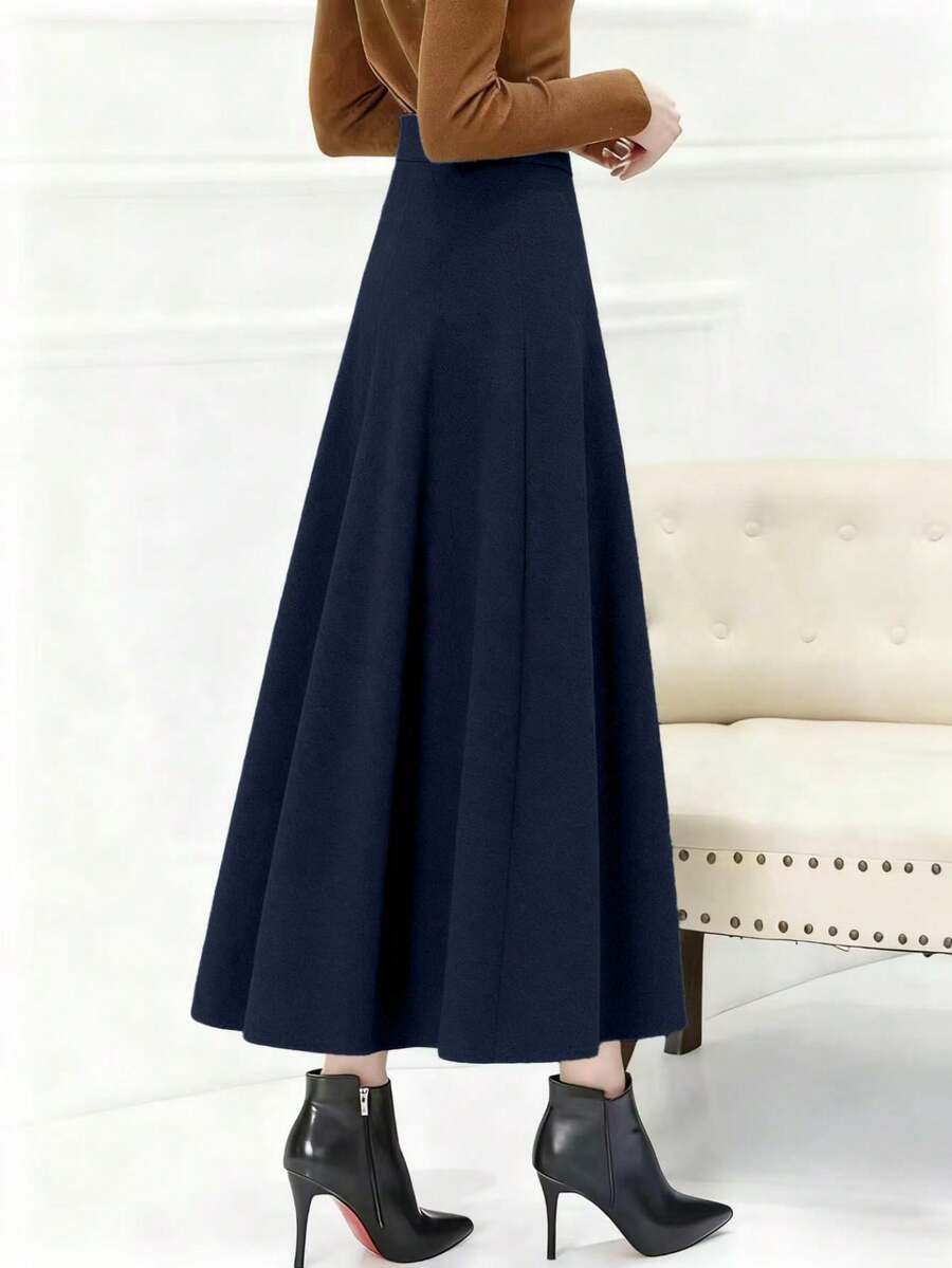 SHEIN تنورة طويلة بخصر عالي بأسلوب كوري بلون أزرق كحلي