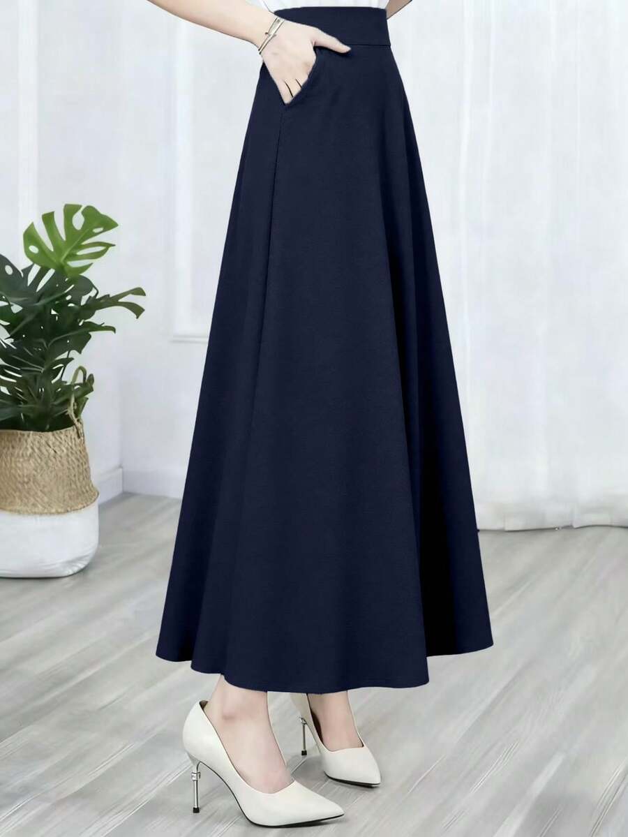SHEIN تنورة طويلة بخصر عالي بأسلوب كوري بلون أزرق كحلي