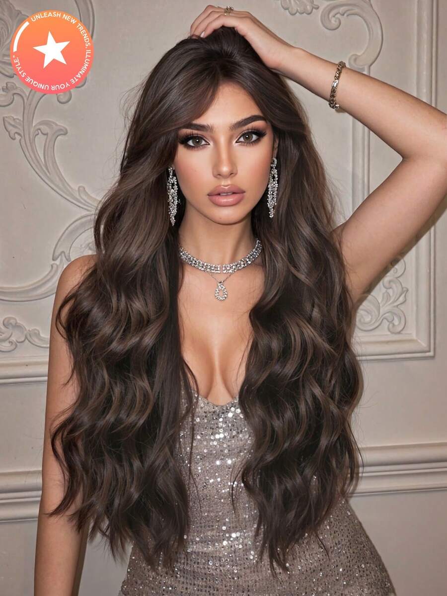 SHEIN باروكة طويلة مموجة 30 بوصة بلون بني غامق