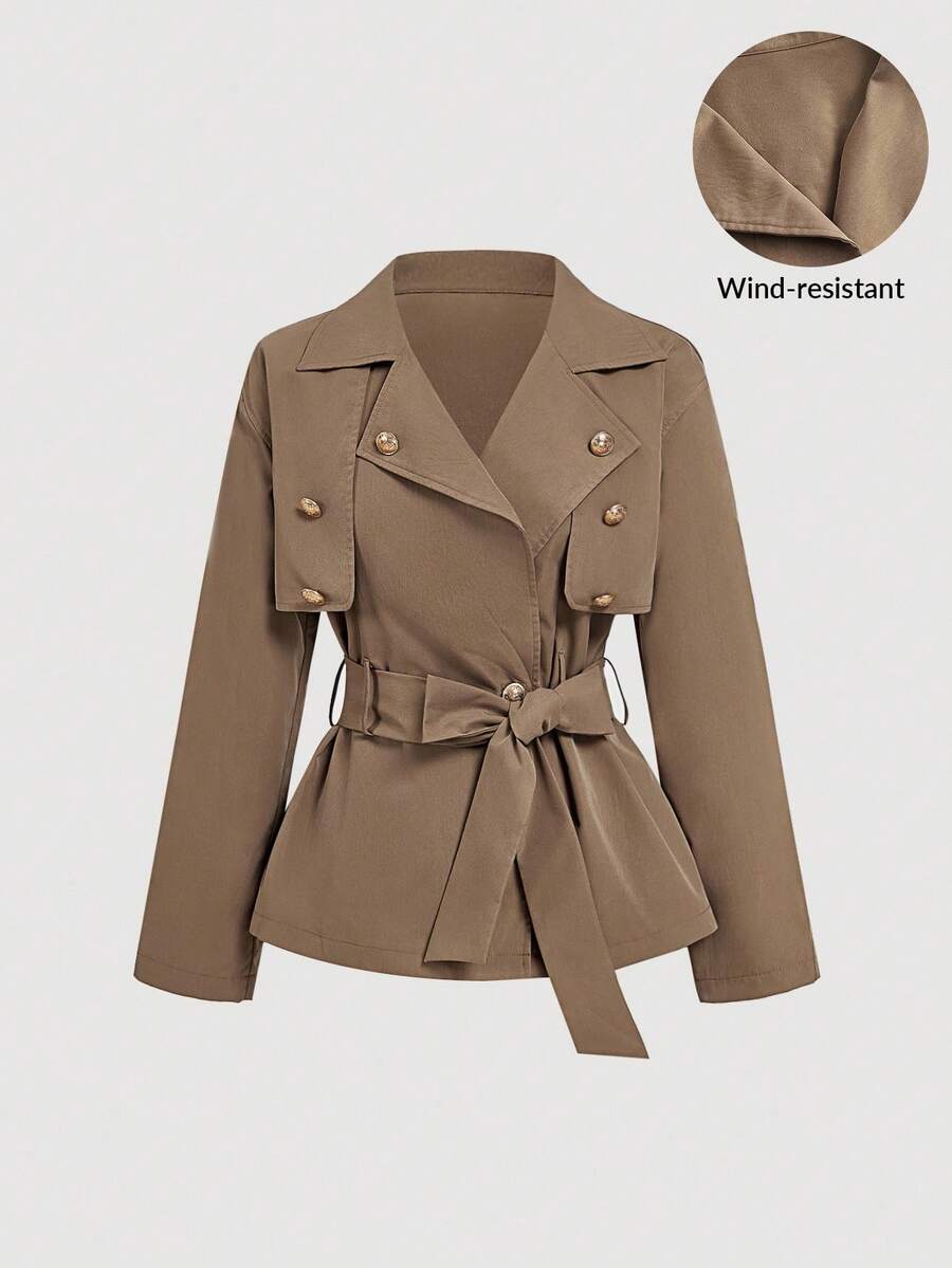 SHEIN MOD معطف ترنش نسائي قصير فضفاض بحزام بلون كاكي