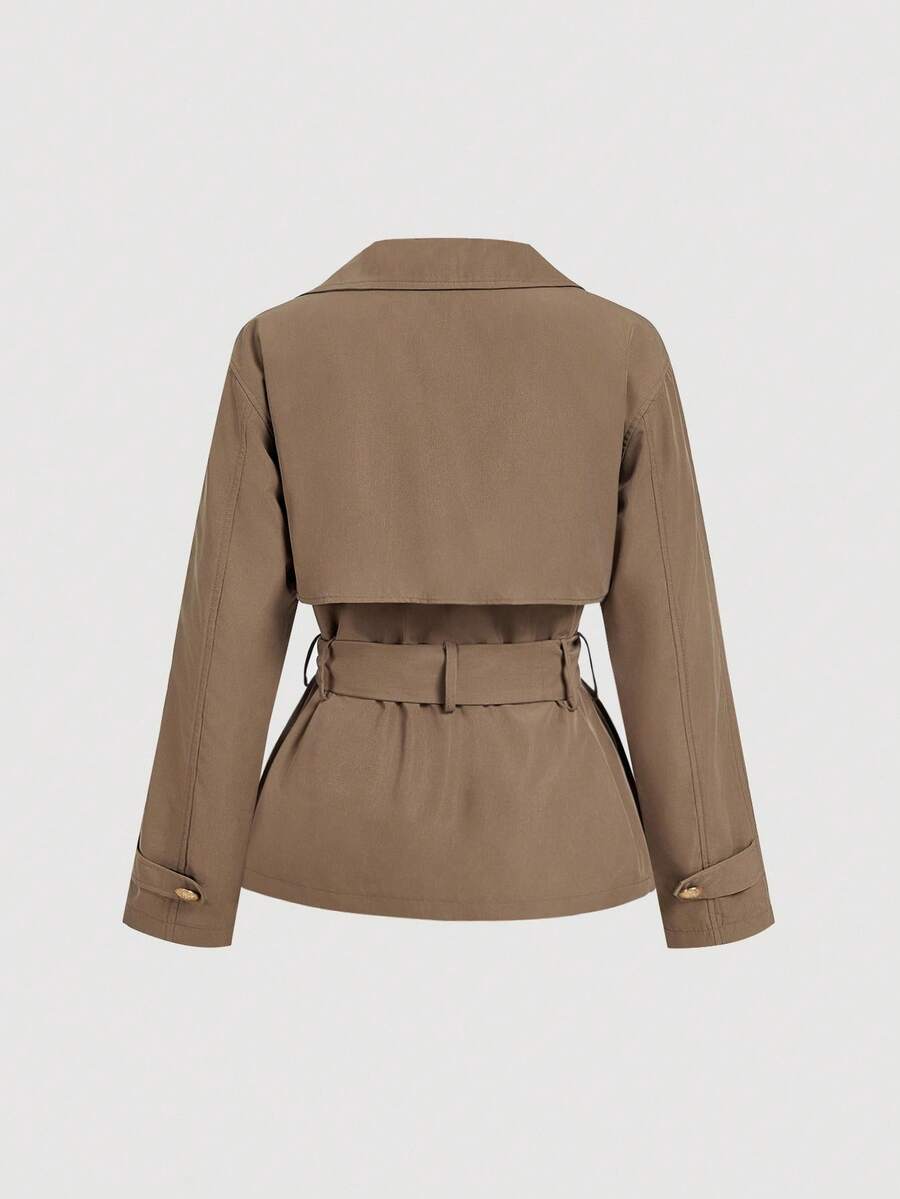 SHEIN MOD معطف ترنش نسائي قصير فضفاض بحزام بلون كاكي