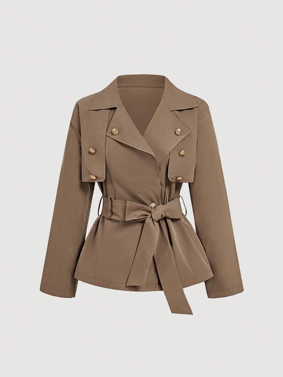 SHEIN MOD معطف ترنش نسائي قصير فضفاض بحزام بلون كاكي
