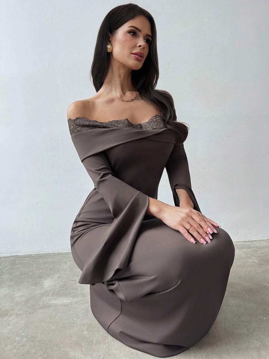 SHEIN Firerie فستان بلون بني فتح بأكمام طويلة وكتف غير متماثل وتفاصيل دانتيل