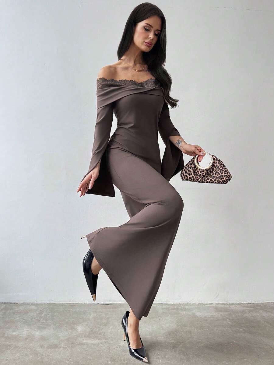 SHEIN Firerie فستان بلون بني فتح بأكمام طويلة وكتف غير متماثل وتفاصيل دانتيل