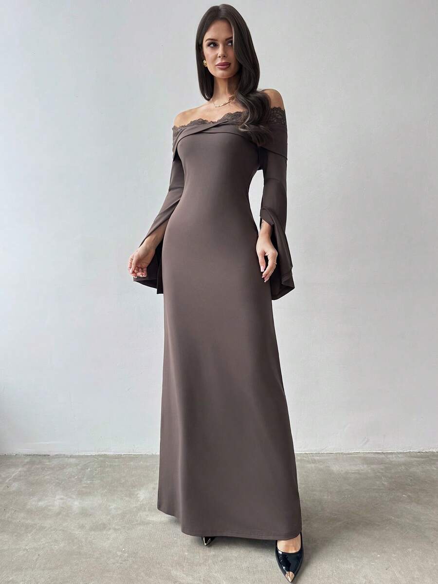 SHEIN Firerie فستان بلون بني فتح بأكمام طويلة وكتف غير متماثل وتفاصيل دانتيل