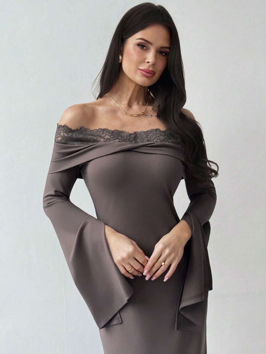 SHEIN Firerie فستان بلون بني فتح بأكمام طويلة وكتف غير متماثل وتفاصيل دانتيل