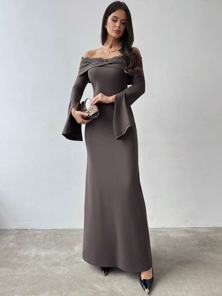 SHEIN Firerie فستان بلون بني فتح بأكمام طويلة وكتف غير متماثل وتفاصيل دانتيل
