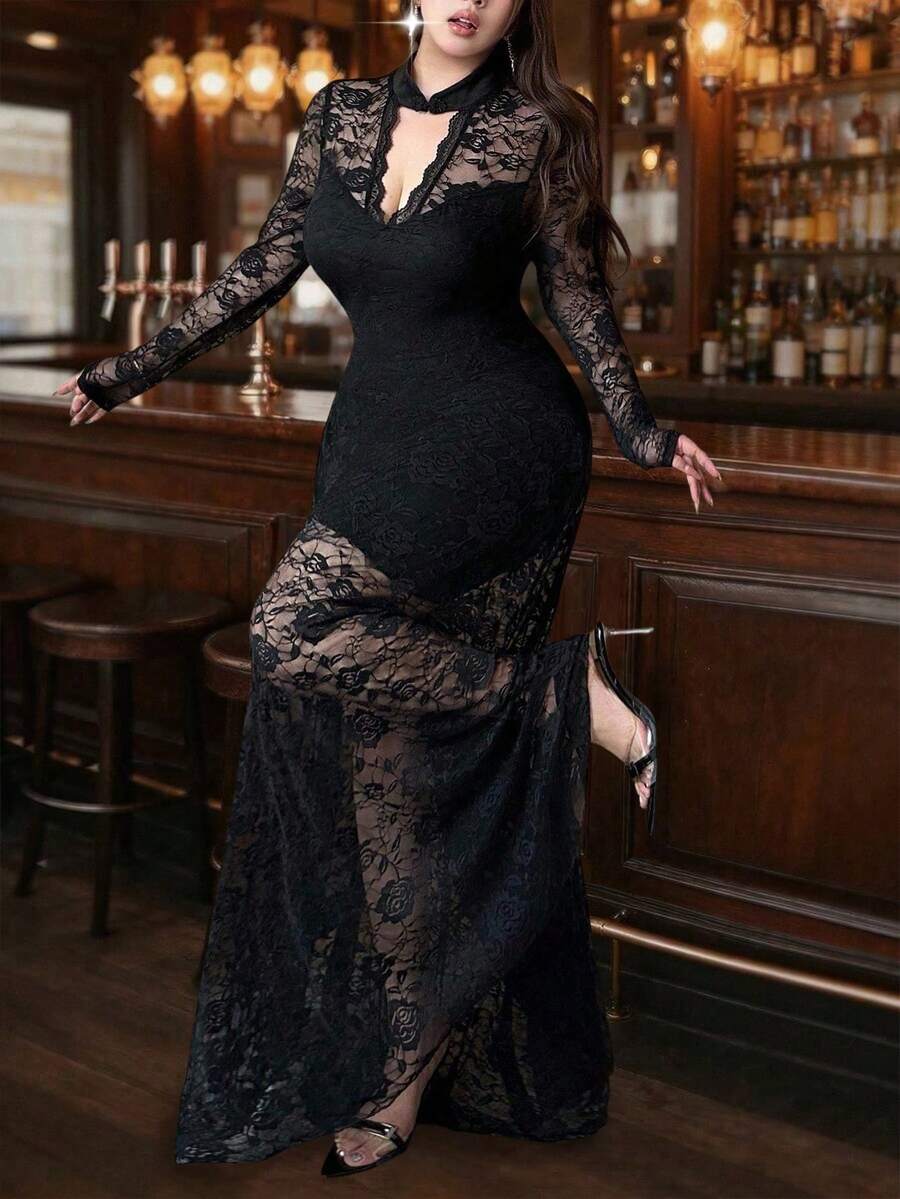 SHEIN Vibekara فستان أسود ماكسي بأكمام طويلة مزين بالدانتيل