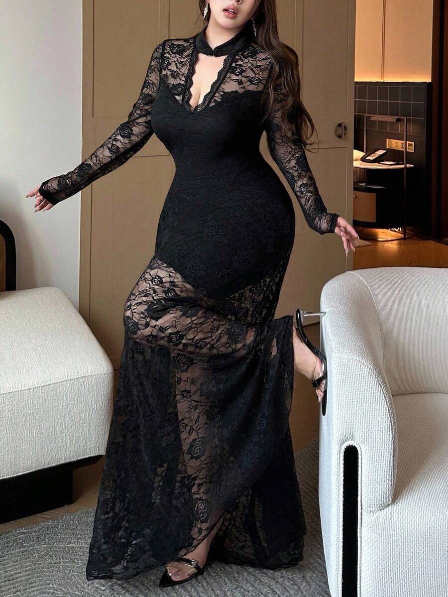 SHEIN Vibekara فستان أسود ماكسي بأكمام طويلة مزين بالدانتيل