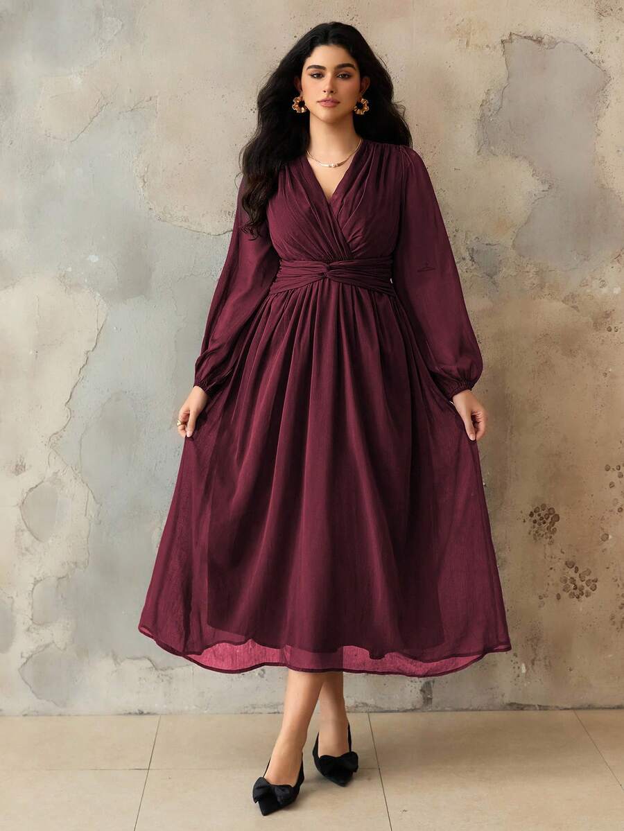SHEIN Roveilla فستان شيفون مطوي بخصر لف وأكمام فانوس