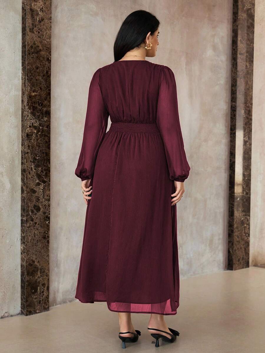 SHEIN Roveilla فستان شيفون مطوي بخصر لف وأكمام فانوس