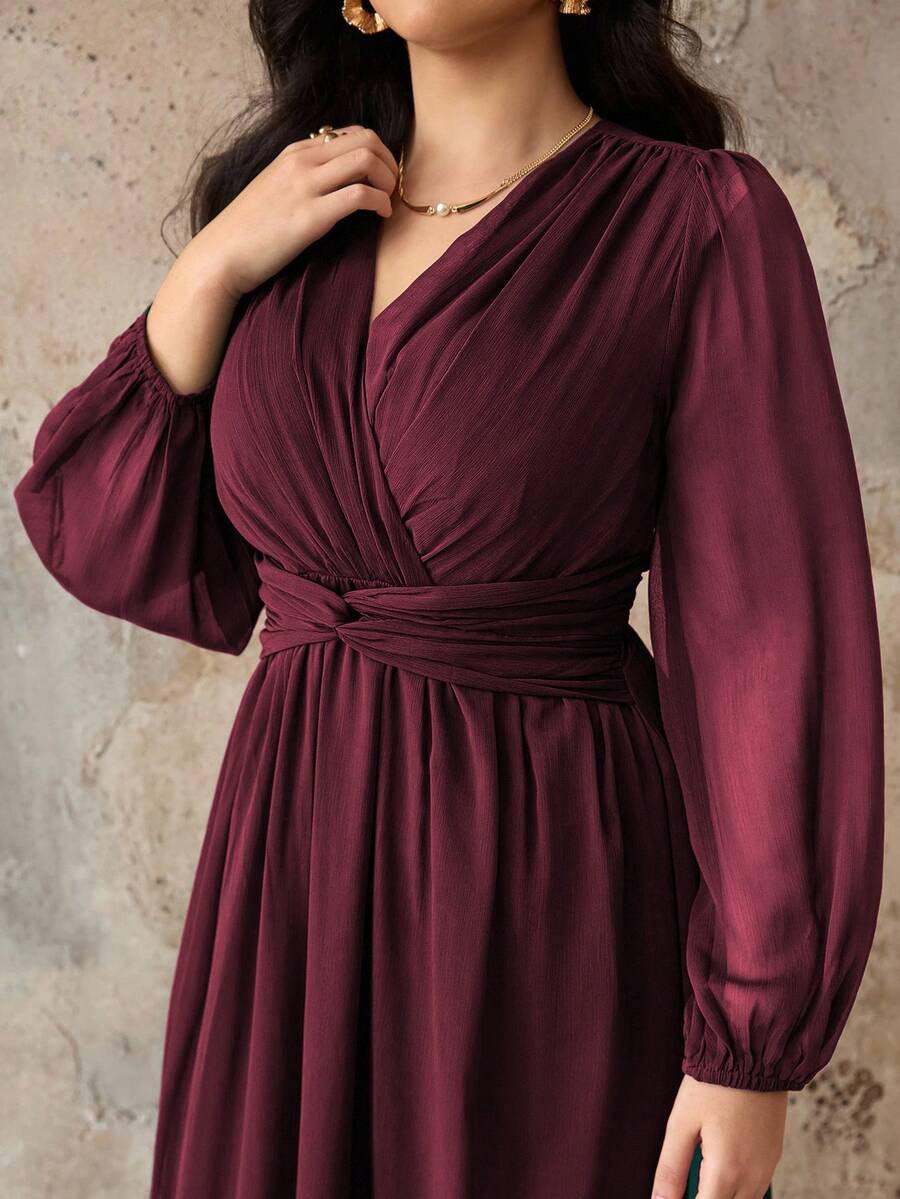 SHEIN Roveilla فستان شيفون مطوي بخصر لف وأكمام فانوس