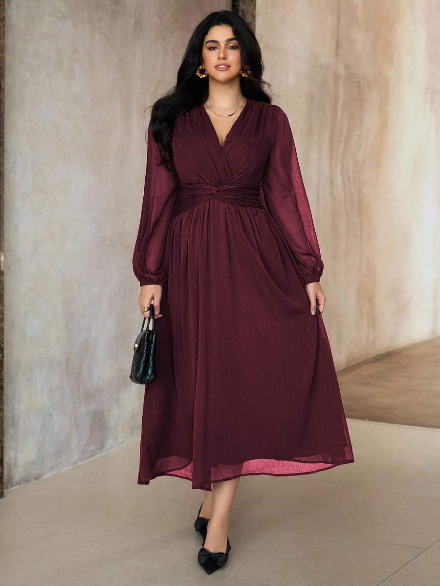 SHEIN Roveilla فستان شيفون مطوي بخصر لف وأكمام فانوس