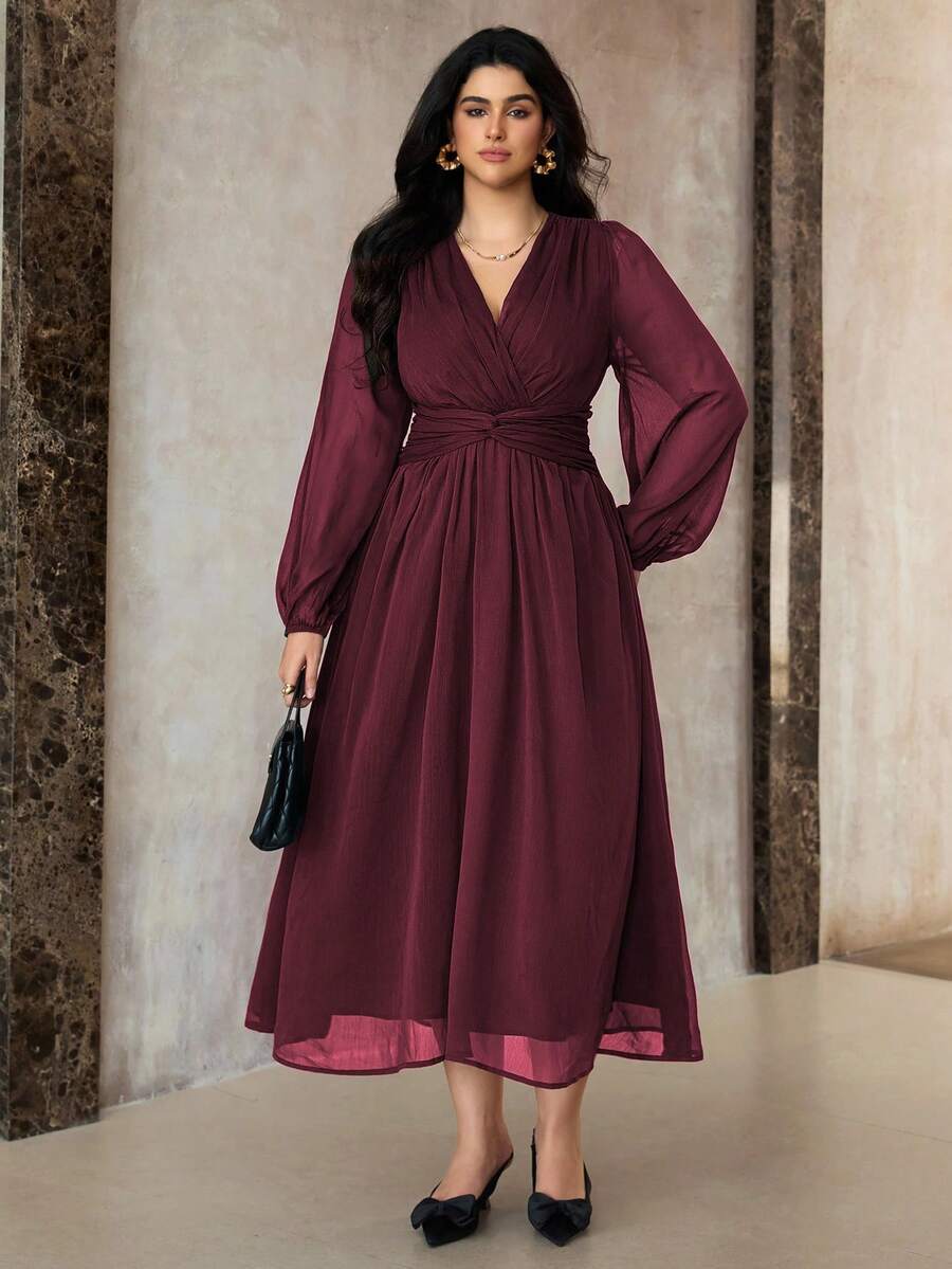 SHEIN Roveilla فستان شيفون مطوي بخصر لف وأكمام فانوس