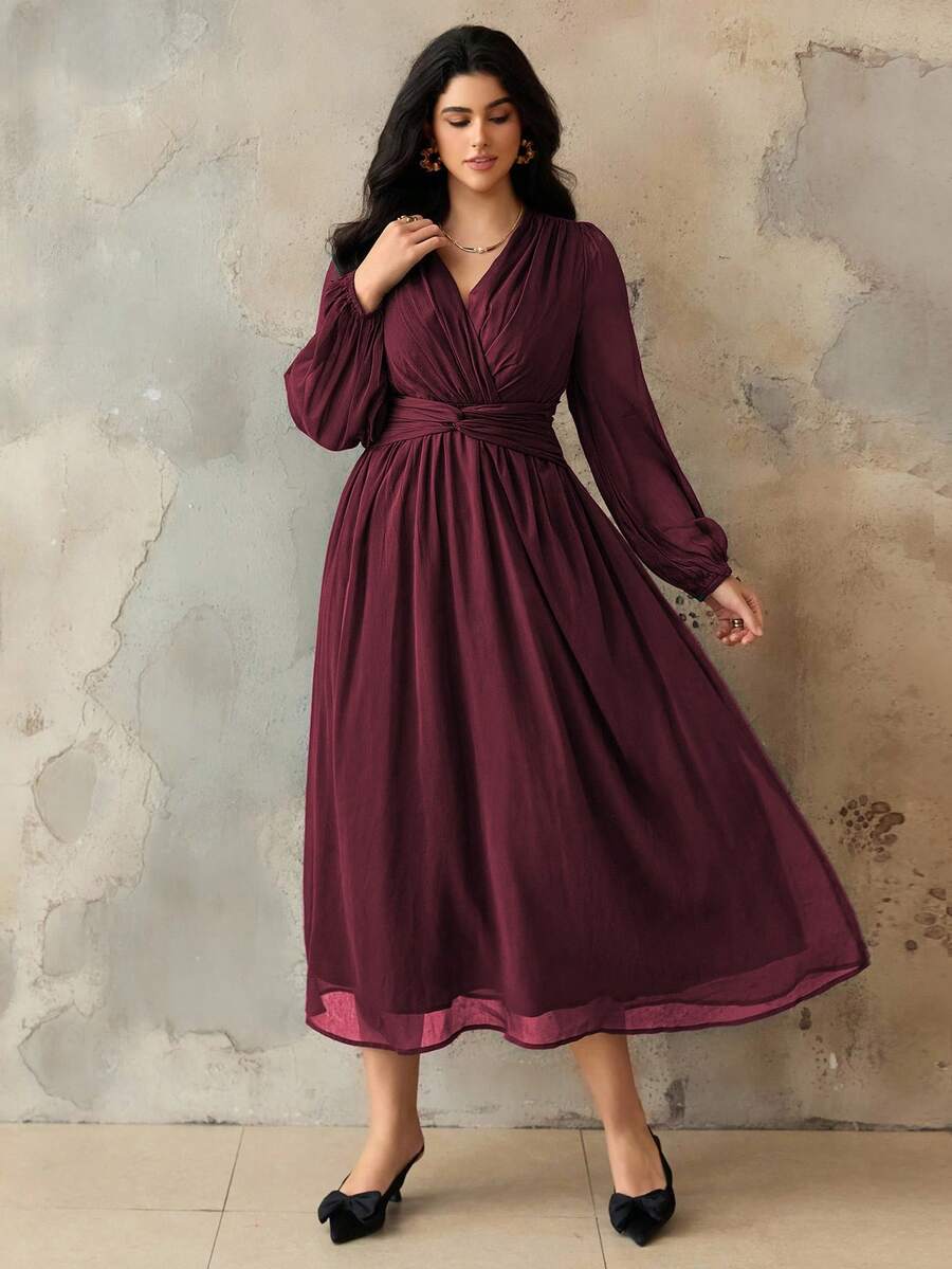 SHEIN Roveilla فستان شيفون مطوي بخصر لف وأكمام فانوس