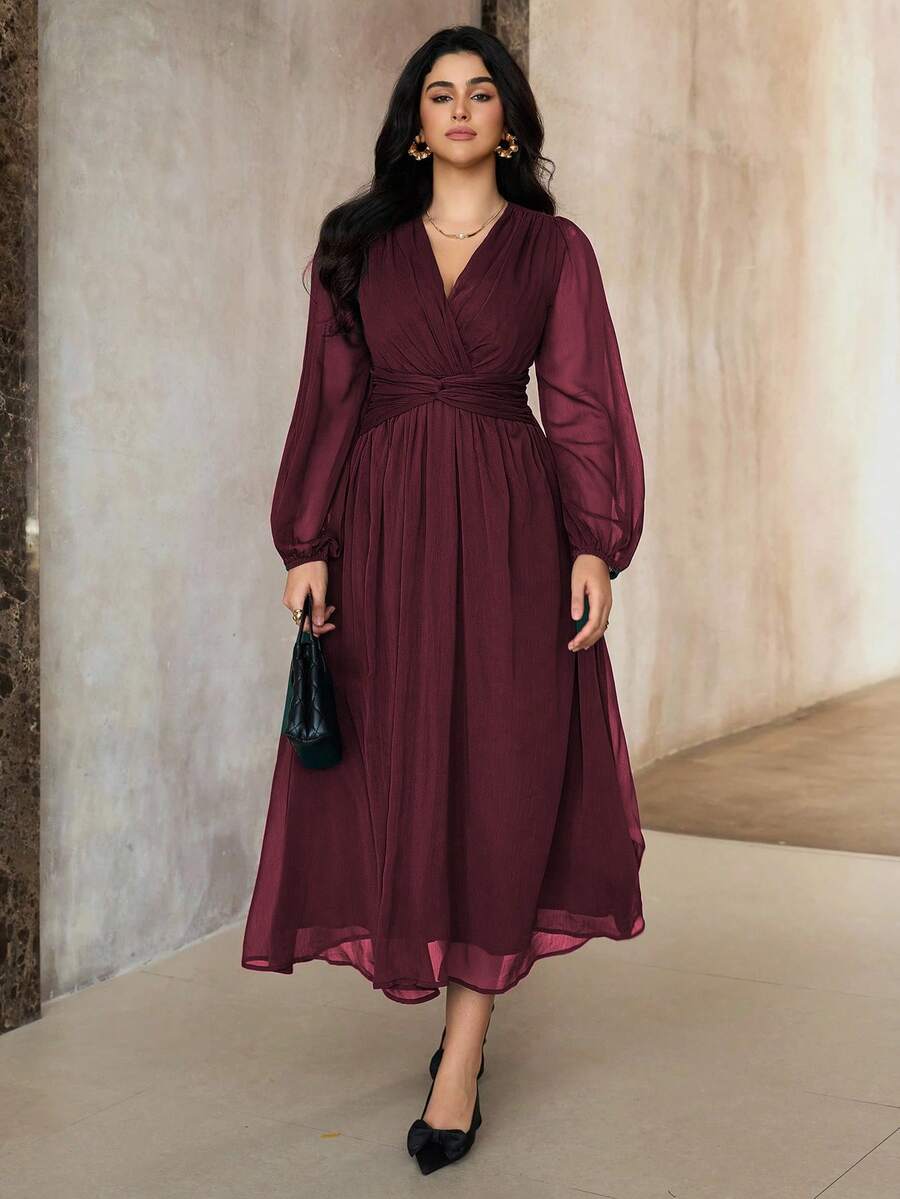 SHEIN Roveilla فستان شيفون مطوي بخصر لف وأكمام فانوس