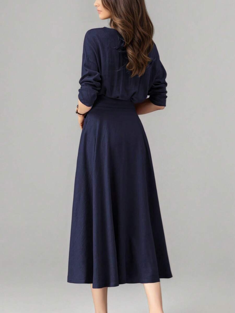 SHEIN فستان كاجوال طويل بلون أزرق غامق مع جيوب وربطة الخصر