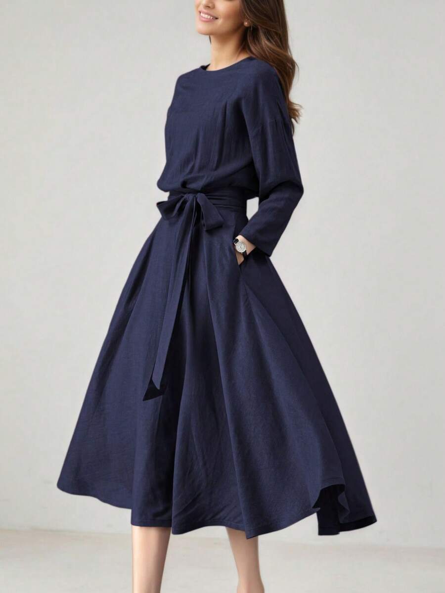 SHEIN فستان كاجوال طويل بلون أزرق غامق مع جيوب وربطة الخصر