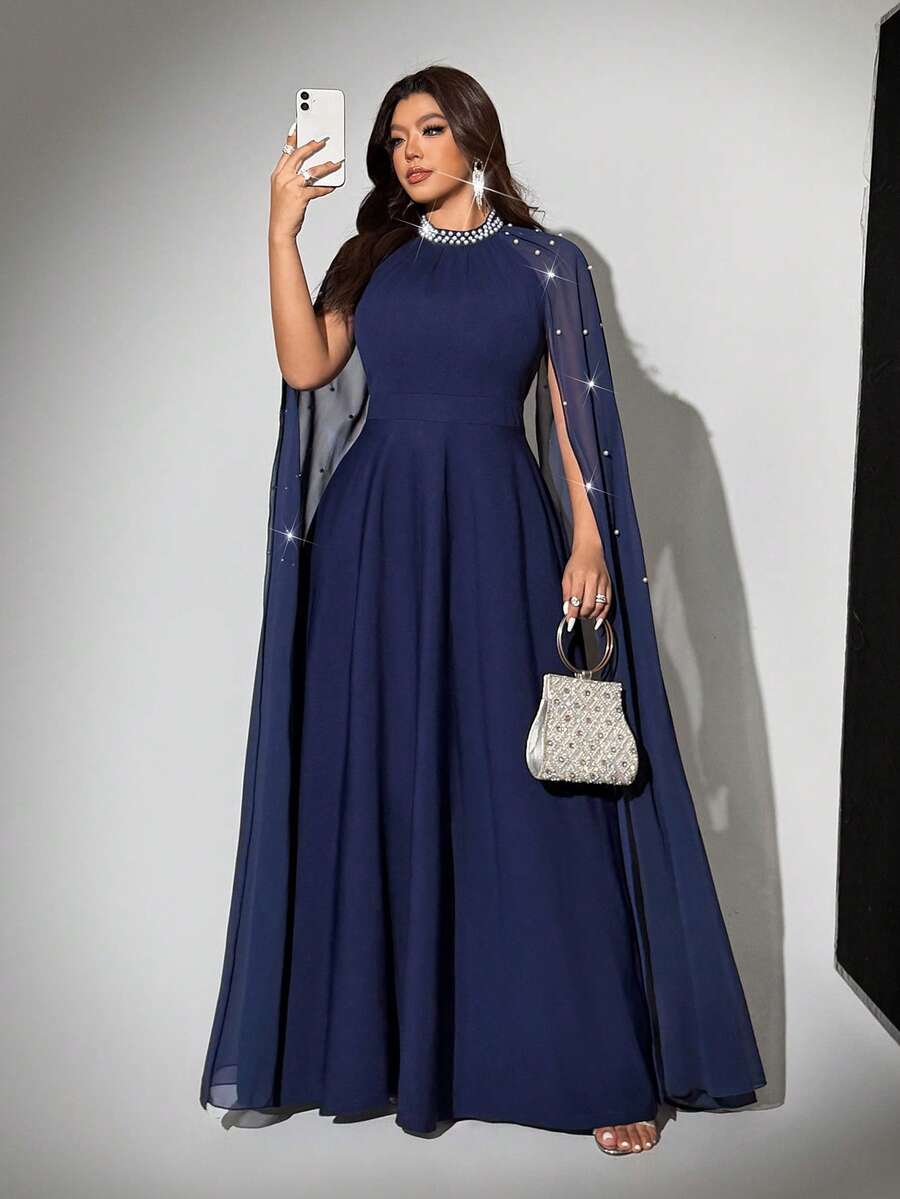 SHEIN Viva Relle فستان شيفون كيب للمقاسات الكبيرة مزين بالألماس بلون أزرق