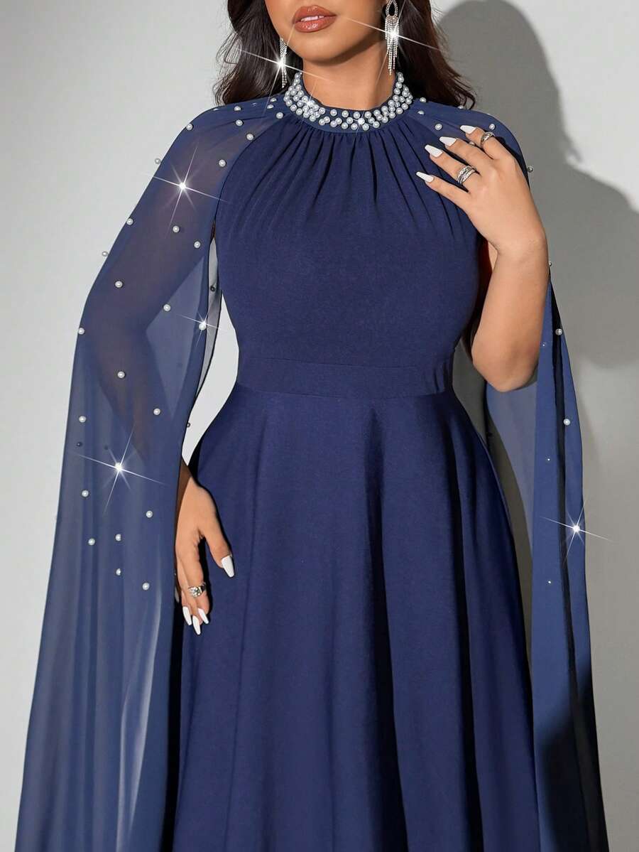 SHEIN Viva Relle فستان شيفون كيب للمقاسات الكبيرة مزين بالألماس بلون أزرق