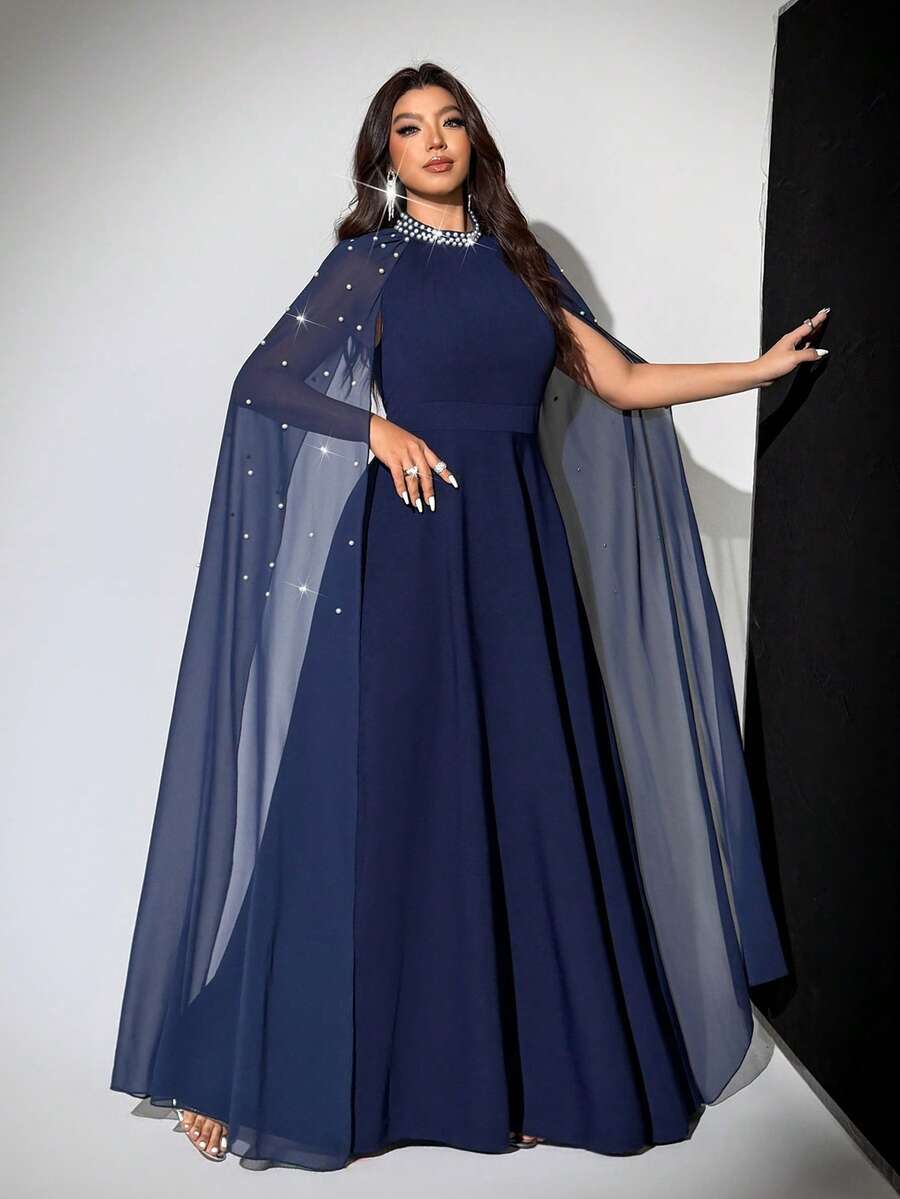 SHEIN Viva Relle فستان شيفون كيب للمقاسات الكبيرة مزين بالألماس بلون أزرق