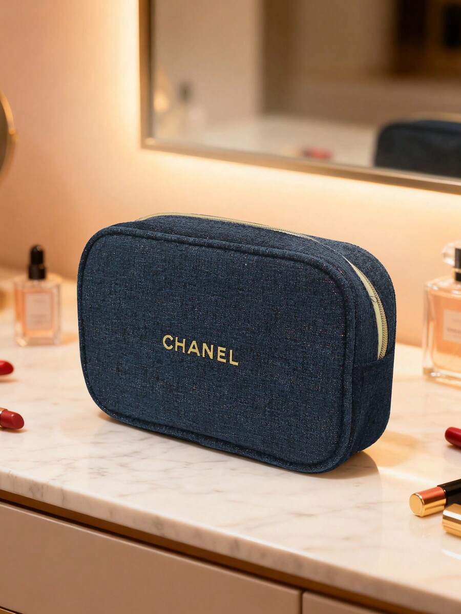CHANEL حقيبة مكياج من القماش الأزرق الداكن بسحاب وشعار ذهبي