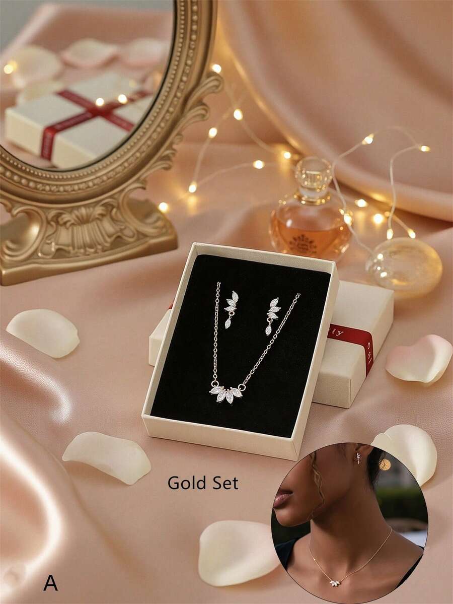 SHEIN طقم 3 قطع قلادة وأقراط دائري بفصوص الراين