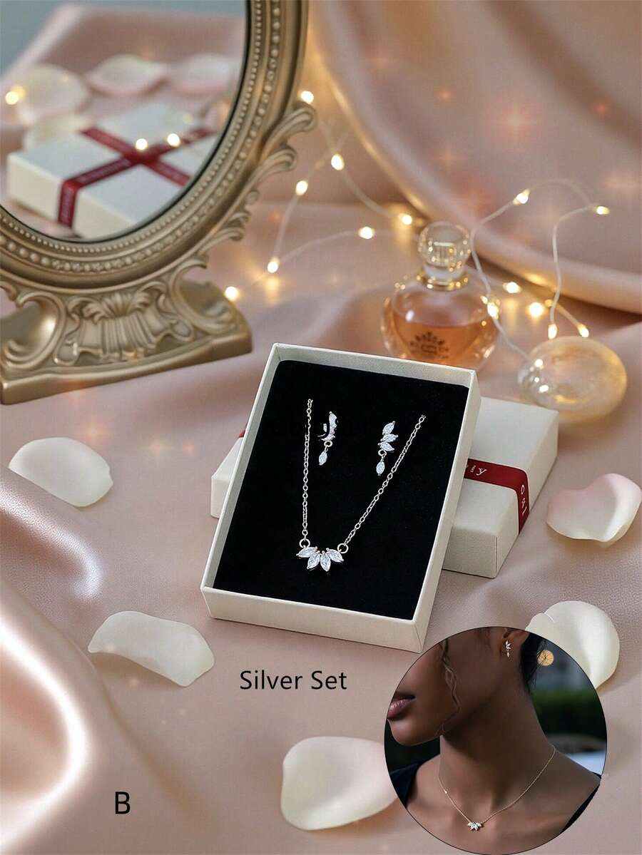 SHEIN طقم 3 قطع قلادة وأقراط دائري بفصوص الراين