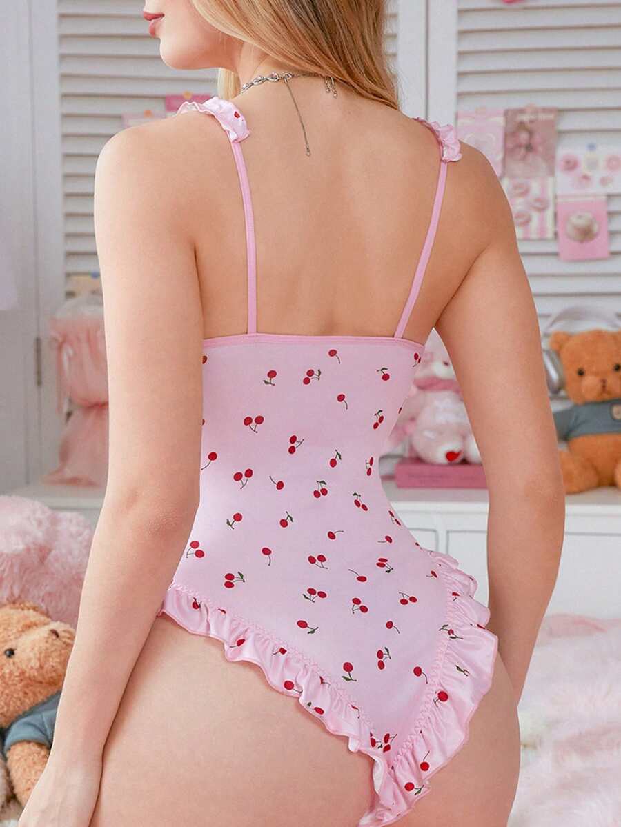 SHEIN رومبير وردي قصير مكشكش بحمالات بطباعة كرز
