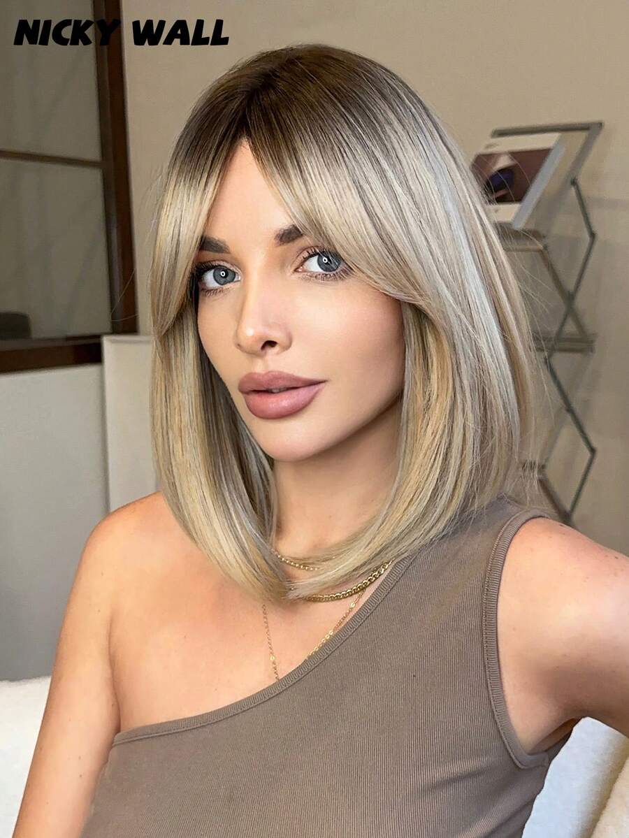 SHEIN باروكة شعر أشقر أبيض قصيرة 16 بوصة مقاومة للحرارة