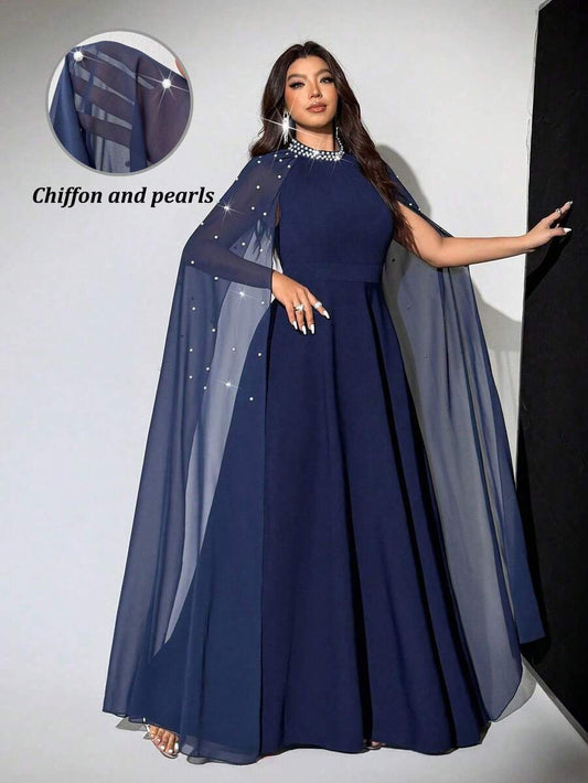 SHEIN Viva Relle فستان شيفون كيب للمقاسات الكبيرة مزين بالألماس بلون أزرق