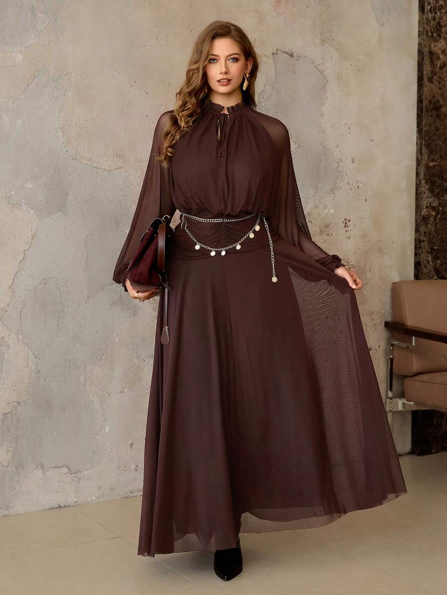 SHEIN Roveilla فستان بني ماكسي شبكي مرن بأكمام راجلان وطيات