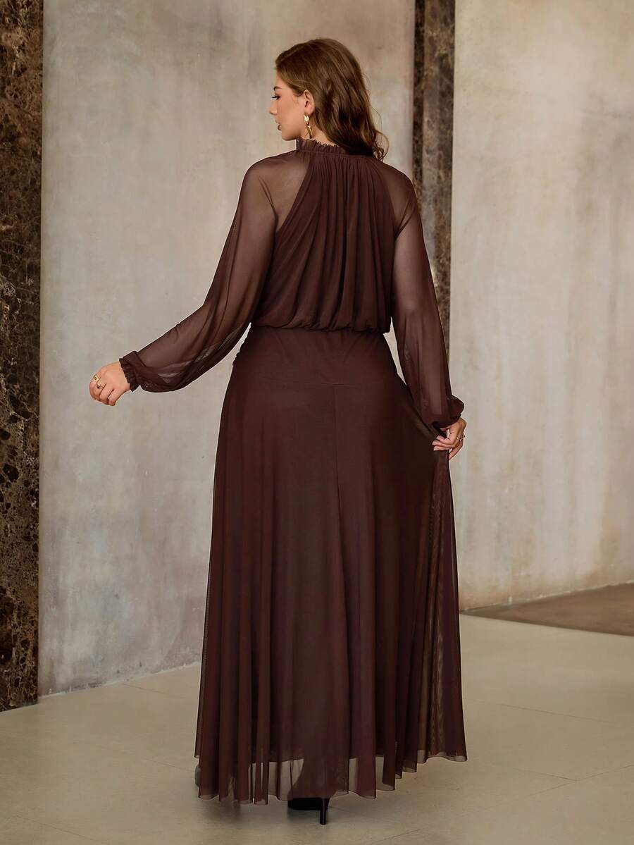 SHEIN Roveilla فستان بني ماكسي شبكي مرن بأكمام راجلان وطيات