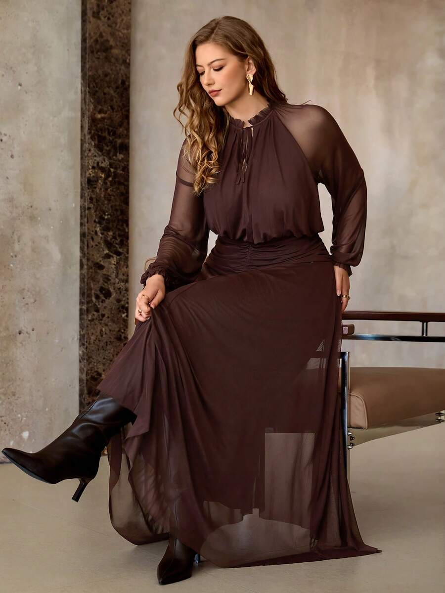 SHEIN Roveilla فستان بني ماكسي شبكي مرن بأكمام راجلان وطيات