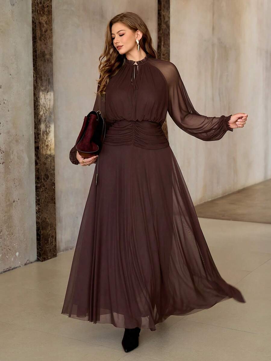 SHEIN Roveilla فستان بني ماكسي شبكي مرن بأكمام راجلان وطيات