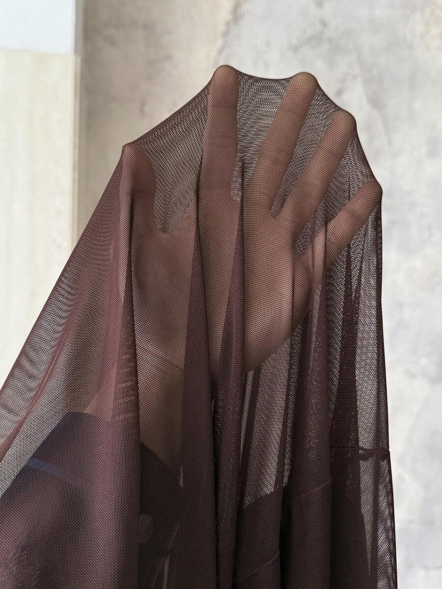 SHEIN Roveilla فستان بني ماكسي شبكي مرن بأكمام راجلان وطيات